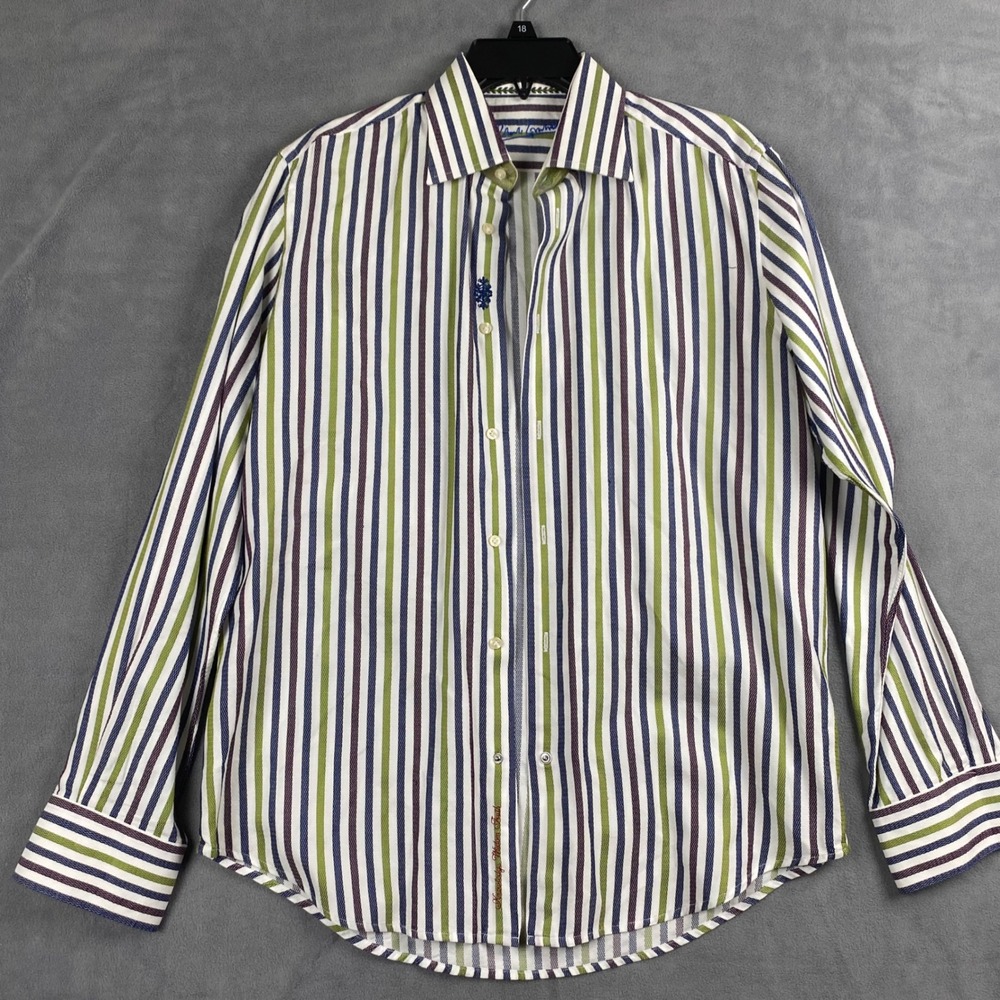 Robert Graham Mens Striped Cotton Silk Button Down Shirt Green Blue Purple M